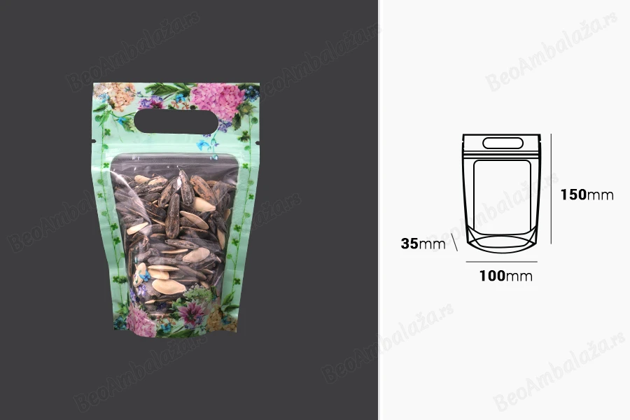 Providne DoyPack kesice sa zip zatvaranjem, ručkom, ovalnim dnom i sa mogućnošću termo zatvaranja 100x35x150mm – 50kom-dimenzije_slike