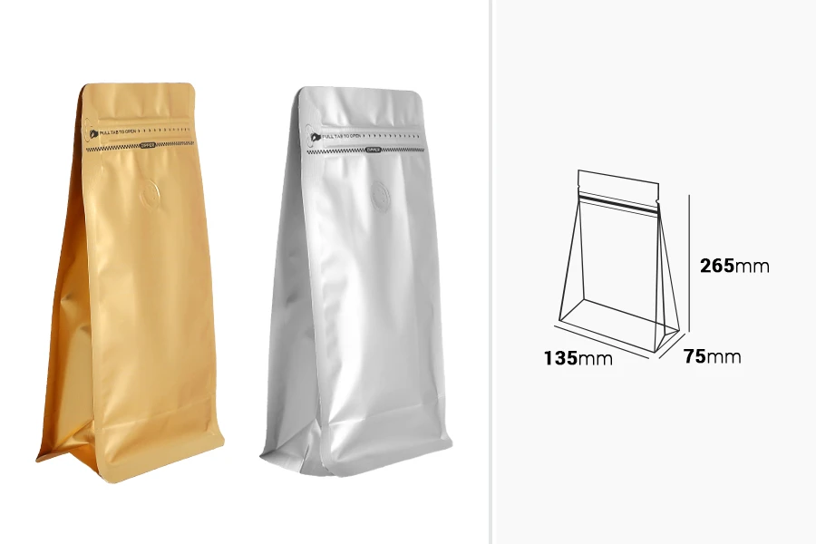 Aluminijumske DoyPack kesice 135x75x265mm sa ventilom, termo zatvaranjem, otvaranjem sigurnosnom trakom i zip zatvaranjem - 25kom