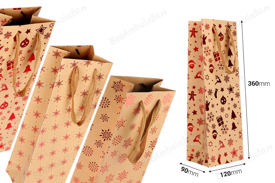 Božićna papirna kraft kesa za flašu vina 120x90x360 mm - 12 kom-dimenzije_slike