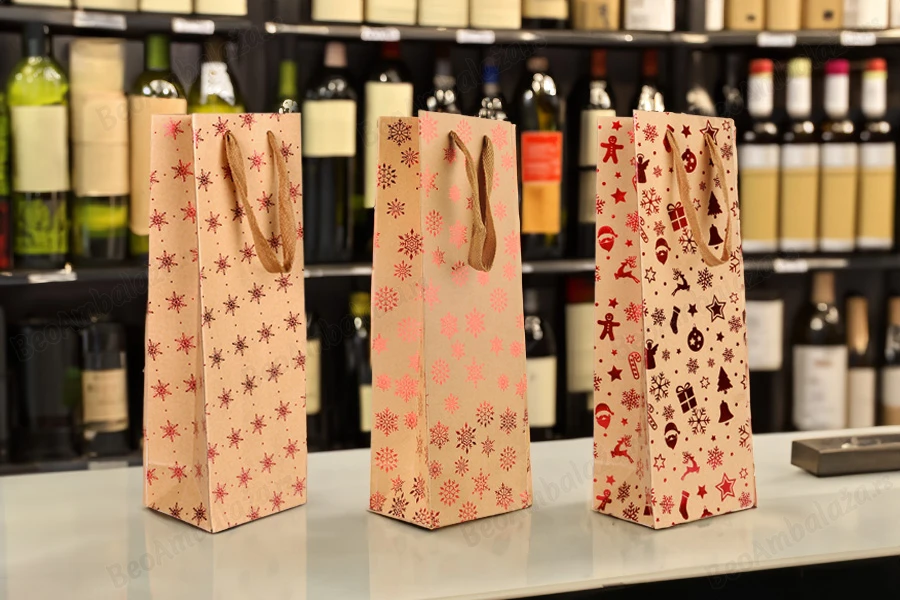 Božićna papirna kraft kesa za flašu vina 120x90x360 mm - 12 kom-grupa_slika