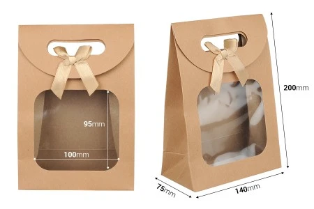 Papirna kraft poklon torbica 140x75x200 mm sa zatvaranjem na čičak, prozorom i mašnom - 12 kom-2