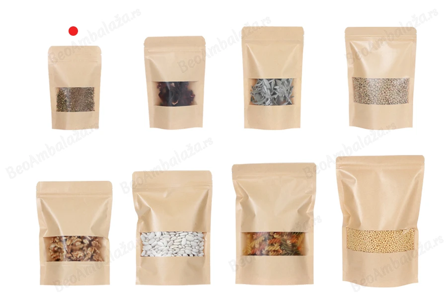 Kraft DoyPack kesice 90x30x140 mm sa zip zatvaranjem i prozorom, unutrašnjom i spoljašnjom providnom oblogom i sa mogućnošću termo zatvaranja - 100 kom-grupa_slika