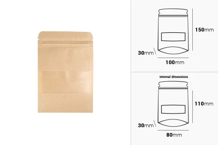 Kraft DoyPack kesice 100x30x150 mm sa zip zatvaranjem i prozorom, unutrašnjom i spoljašnjom providnom oblogom i sa mogućnošću termo zatvaranja-2
