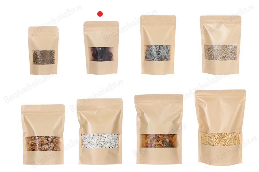 Kraft DoyPack kesice 100x30x150 mm sa zip zatvaranjem i prozorom, unutrašnjom i spoljašnjom providnom oblogom i sa mogućnošću termo zatvaranja-grupa_slika