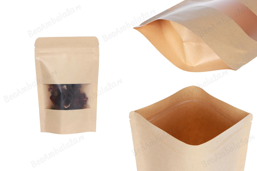 Kraft DoyPack kesice 100x30x150 mm sa zip zatvaranjem i prozorom, unutrašnjom i spoljašnjom providnom oblogom i sa mogućnošću termo zatvaranja-slika_proizvoda