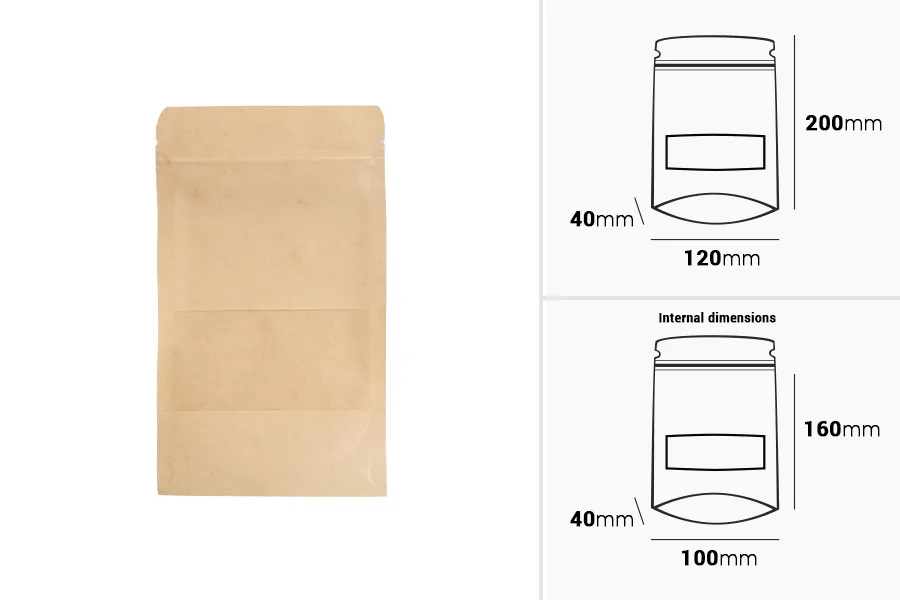 Kraft DoyPack kesice 120x40x200 mm sa zip zatvaranjem i prozorom, unutrašnjom i spoljašnjom providnom oblogom i sa mogućnošću termo zatvaranja - 100 kom Kraft DoyPack kesice 120x40x200 mm sa zip zatvaranjem i prozorom, unutrašnjom i spoljašnjom providnom oblogom i sa mogućnošću termo zatvaranja - 100 kom