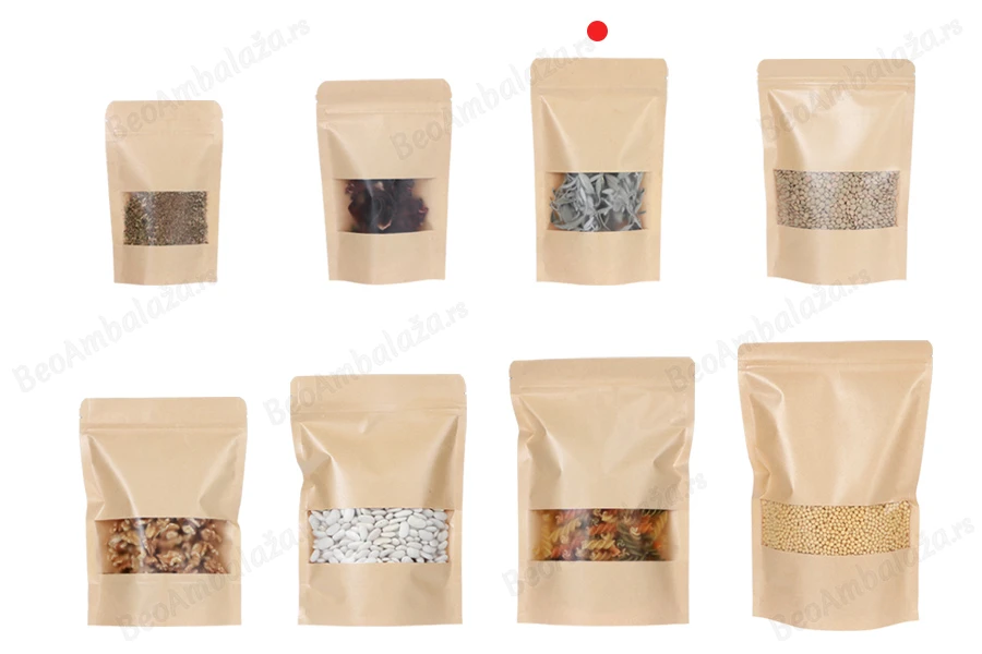 Kraft DoyPack kesice 120x40x200 mm sa zip zatvaranjem i prozorom, unutrašnjom i spoljašnjom providnom oblogom i sa mogućnošću termo zatvaranja - 100 kom-grupa_slika