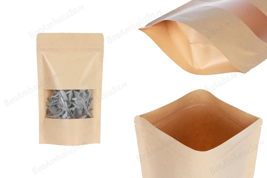 Kraft DoyPack kesice 120x40x200 mm sa zip zatvaranjem i prozorom, unutrašnjom i spoljašnjom providnom oblogom i sa mogućnošću termo zatvaranja - 100 kom-slika_proizvoda