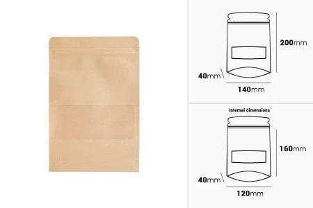 Kraft DoyPack kesice 140x40x200 mm sa zip zatvaranjem i prozorom, unutrašnjom i spoljašnjom providnom oblogom i sa mogućnošću termo zatvaranja - 100 kom-2