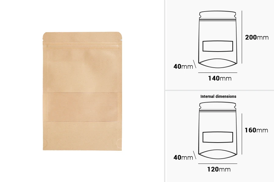 Kraft DoyPack kesice 140x40x200 mm sa zip zatvaranjem i prozorom, unutrašnjom i spoljašnjom providnom oblogom i sa mogućnošću termo zatvaranja - 100 kom Kraft DoyPack kesice 140x40x200 mm sa zip zatvaranjem i prozorom, unutrašnjom i spoljašnjom providnom oblogom i sa mogućnošću termo zatvaranja - 100 kom