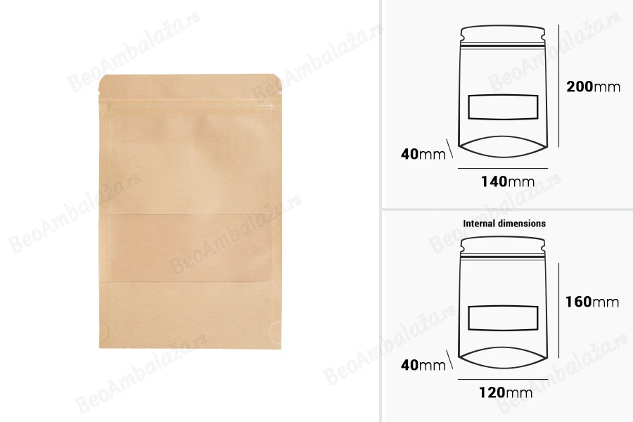 Kraft DoyPack kesice 140x40x200 mm sa zip zatvaranjem i prozorom, unutrašnjom i spoljašnjom providnom oblogom i sa mogućnošću termo zatvaranja - 100 kom-dimenzije_slike