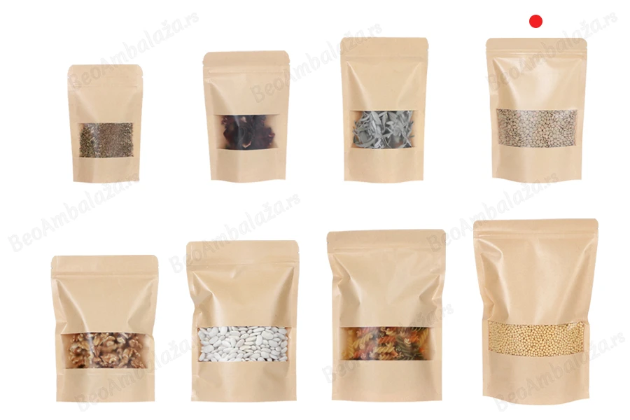 Kraft DoyPack kesice 140x40x200 mm sa zip zatvaranjem i prozorom, unutrašnjom i spoljašnjom providnom oblogom i sa mogućnošću termo zatvaranja - 100 kom-grupa_slika