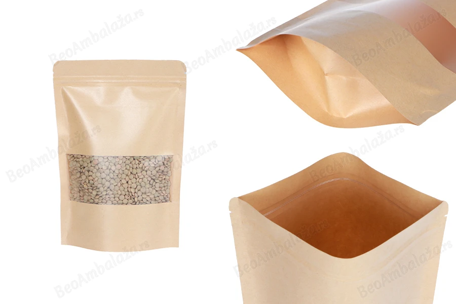 Kraft DoyPack kesice 140x40x200 mm sa zip zatvaranjem i prozorom, unutrašnjom i spoljašnjom providnom oblogom i sa mogućnošću termo zatvaranja - 100 kom-slika_proizvoda