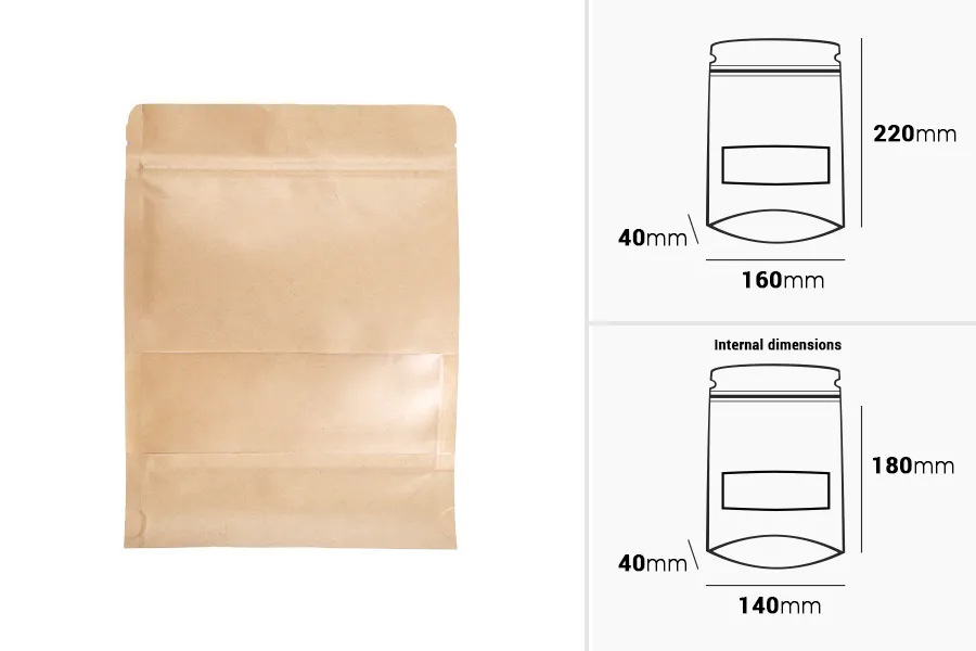 Kraft DoyPack kesice 160x40x220 mm sa zip zatvaranjem i prozorom, unutrašnjom i spoljašnjom providnom oblogom i sa mogućnošću termo zatvaranja-dimenzije_slike