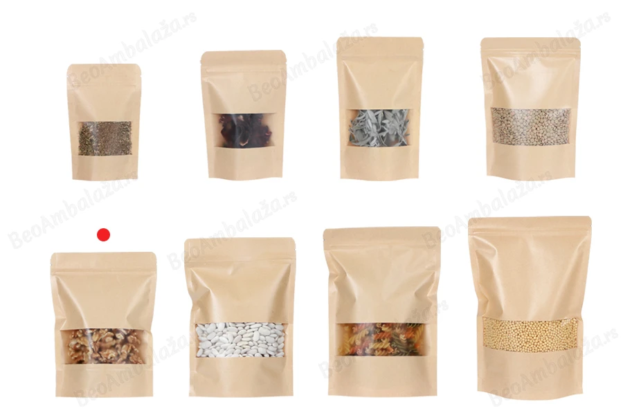 Kraft DoyPack kesice 160x40x220 mm sa zip zatvaranjem i prozorom, unutrašnjom i spoljašnjom providnom oblogom i sa mogućnošću termo zatvaranja-grupa_slika
