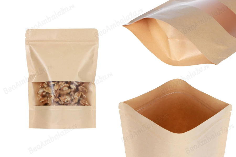 Kraft DoyPack kesice 160x40x220 mm sa zip zatvaranjem i prozorom, unutrašnjom i spoljašnjom providnom oblogom i sa mogućnošću termo zatvaranja-slika_proizvoda