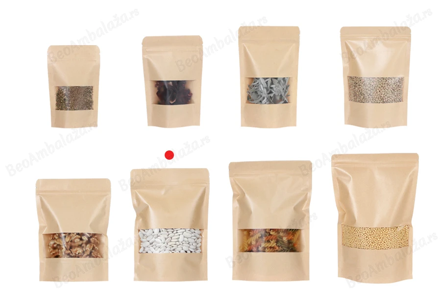 Kraft DoyPack kesice 170x40x240 mm sa zip zatvaranjem i prozorom, unutrašnjom i spoljašnjom providnom oblogom i sa mogućnošću termo zatvaranja - 100 kom-grupa_slika