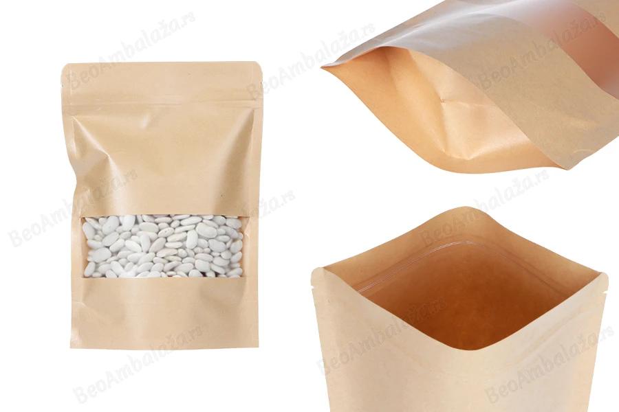 Kraft DoyPack kesice 170x40x240 mm sa zip zatvaranjem i prozorom, unutrašnjom i spoljašnjom providnom oblogom i sa mogućnošću termo zatvaranja - 100 kom-slika_proizvoda
