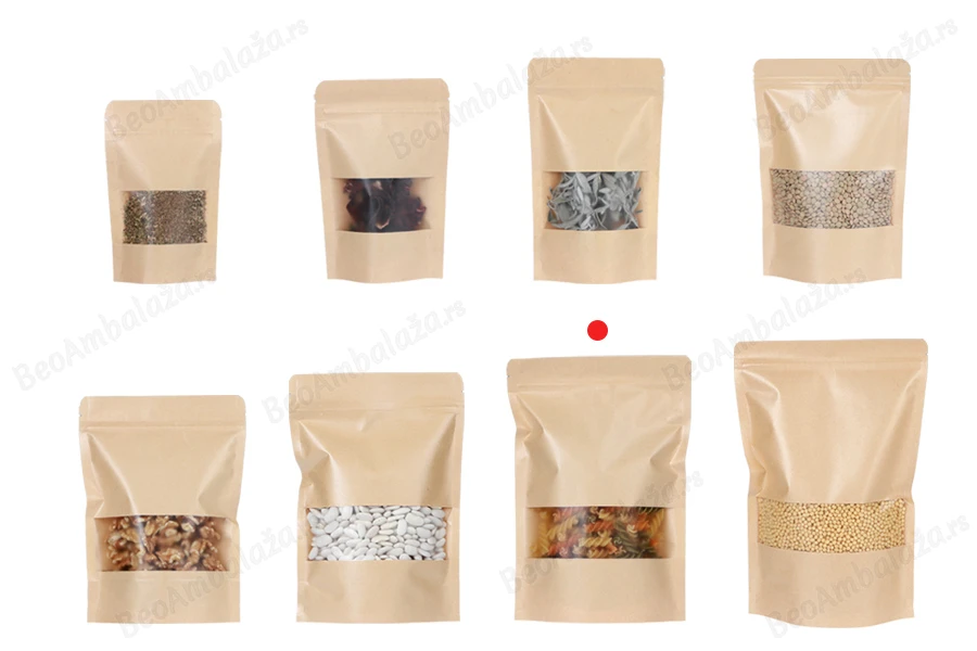 Kraft DoyPack kesice 180x40x260 mm sa zip zatvaranjem i prozorom, unutrašnjom i spoljašnjom providnom oblogom i sa mogućnošću termo zatvaranja-grupa_slika