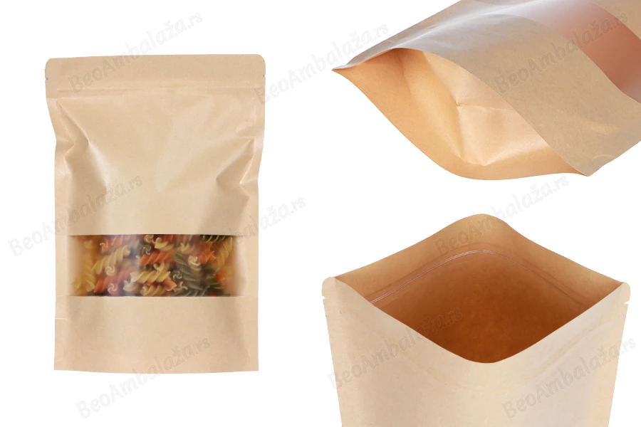 Kraft DoyPack kesice 180x40x260 mm sa zip zatvaranjem i prozorom, unutrašnjom i spoljašnjom providnom oblogom i sa mogućnošću termo zatvaranja-slika_proizvoda