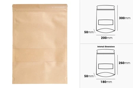 Kraft DoyPack kesice 200x50x300 mm sa zip zatvaranjem i prozorom, unutrašnjom i spoljašnjom providnom oblogom i sa mogućnošću termo zatvaranja - 100 kom-2