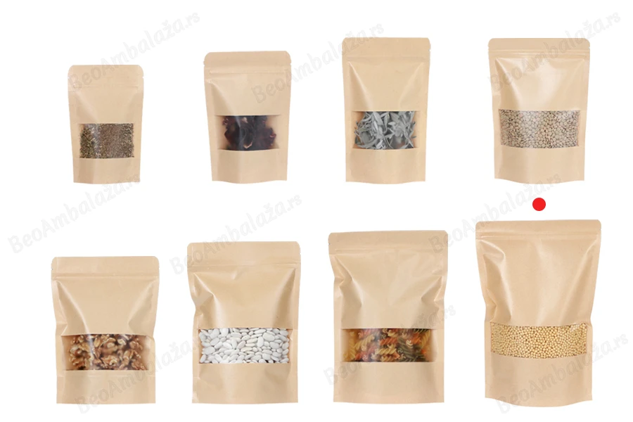 Kraft DoyPack kesice 200x50x300 mm sa zip zatvaranjem i prozorom, unutrašnjom i spoljašnjom providnom oblogom i sa mogućnošću termo zatvaranja - 100 kom-grupa_slika