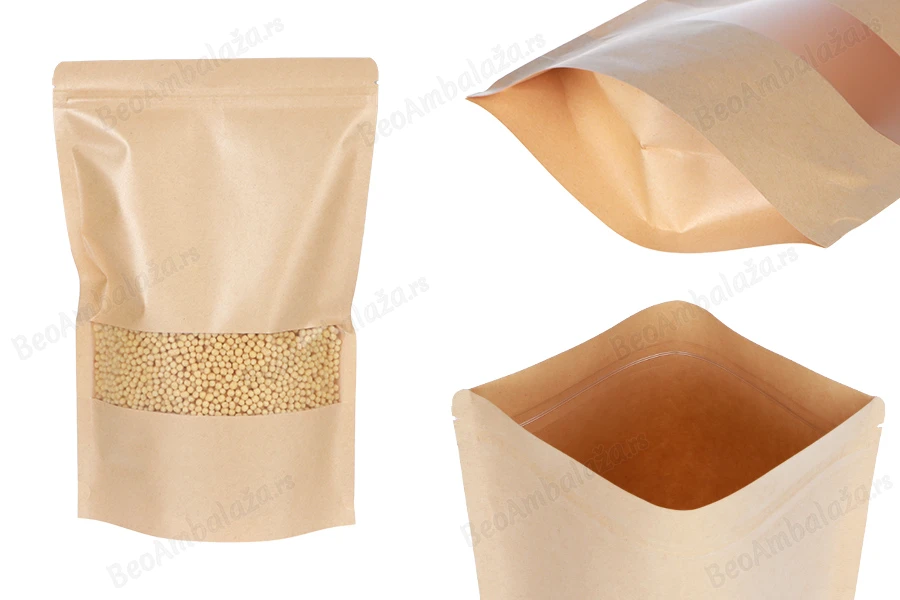 Kraft DoyPack kesice 200x50x300 mm sa zip zatvaranjem i prozorom, unutrašnjom i spoljašnjom providnom oblogom i sa mogućnošću termo zatvaranja - 100 kom-slika_proizvoda