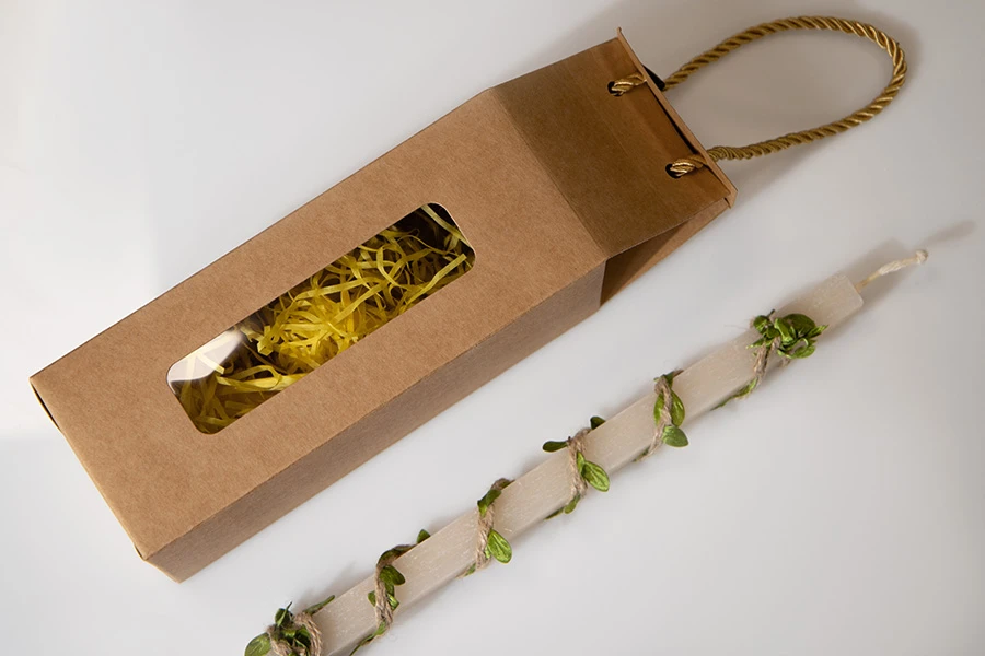 Kutija - paket za pakovanje 100x80x230mm od Kraft papira sa prozorom i ručkom od kanapa - 20 kom-grupa_slika