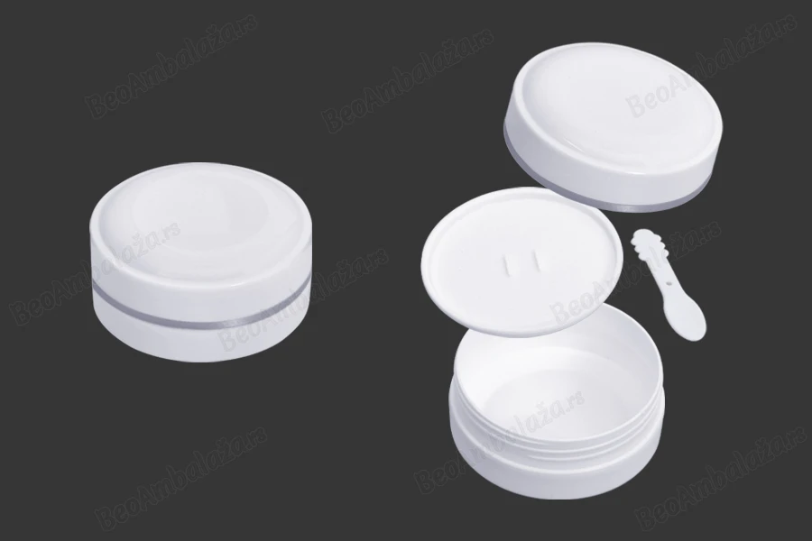 Plastična (PP) bela kutija 100mL sa zatvaračem, spatulom i plastičnim međupoklopcem - 12 kom-slika_proizvoda