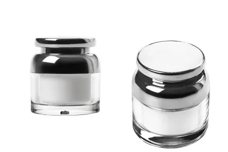Akrilna kutijica za kremu 50mL sa srebrnim poklopcem i plastičnim međupoklopcem-1