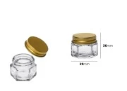 Staklena šestougaona providna teglica 15mL, sa zlatnim aluminijumskim poklopcem sa zaptivkom Staklena šestougaona providna teglica 15mL, sa zlatnim aluminijumskim poklopcem sa zaptivkom