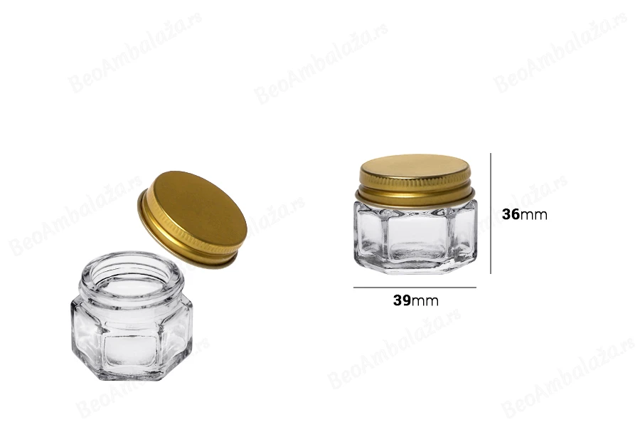 Staklena šestougaona providna teglica 15mL, sa zlatnim aluminijumskim poklopcem sa zaptivkom-dimenzije_slike