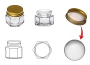 Staklena šestougaona providna teglica 15mL, sa zlatnim aluminijumskim poklopcem sa zaptivkom Staklena šestougaona providna teglica 15mL, sa zlatnim aluminijumskim poklopcem sa zaptivkom