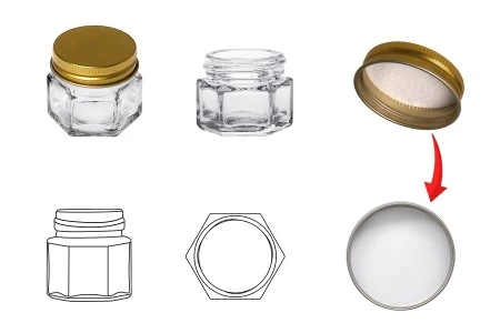 Staklena šestougaona providna teglica 15mL, sa zlatnim aluminijumskim poklopcem sa zaptivkom-3