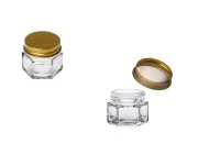 Staklena šestougaona providna teglica 15mL, sa zlatnim aluminijumskim poklopcem sa zaptivkom Staklena šestougaona providna teglica 15mL, sa zlatnim aluminijumskim poklopcem sa zaptivkom