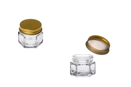 Staklena šestougaona providna teglica 15mL, sa zlatnim aluminijumskim poklopcem sa zaptivkom-1