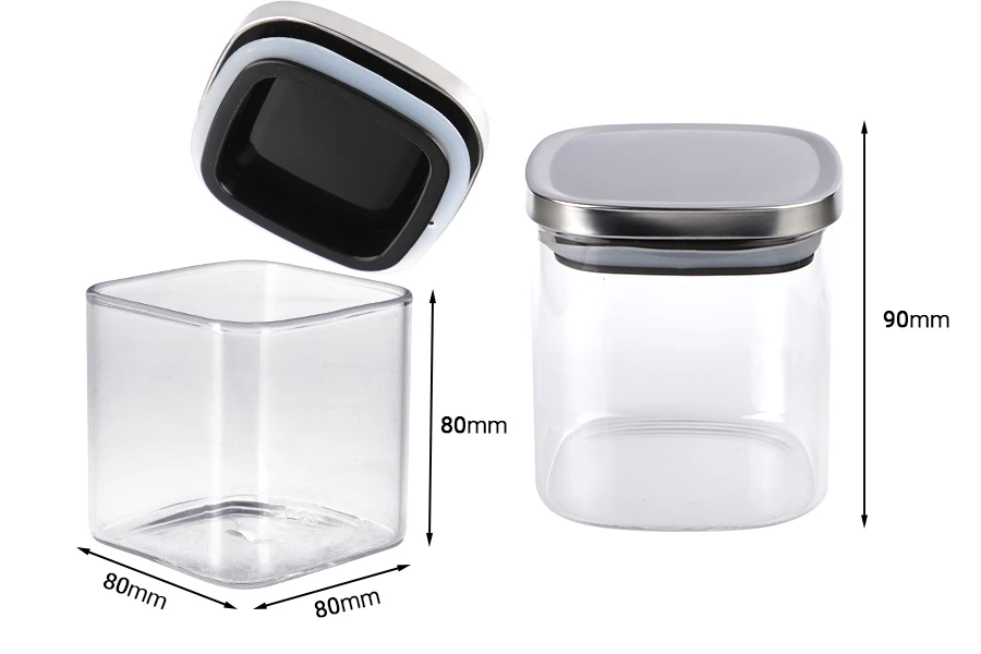 Staklena četvrtasta tegla 350mL, sa plastičnim srebrnim poklopcem i gumicom-dimenzije_slike