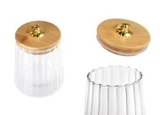 Staklena tegla 600mL, sa drvenim poklopcem, gumicom i zlatnim metalnim prstenom-slika_proizvoda