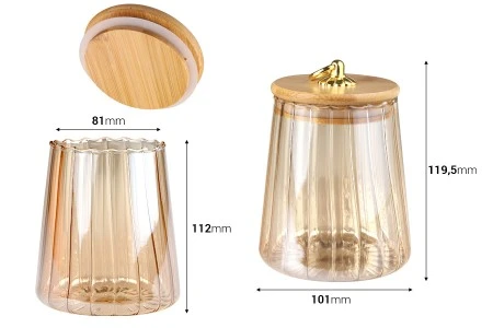 Staklena bronzana tegla 600mL, sa drvenim poklopcem, gumicom i zlatnim metalnim prstenom-2