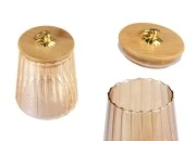 Staklena bronzana tegla 600mL, sa drvenim poklopcem, gumicom i zlatnim metalnim prstenom-slika_proizvoda