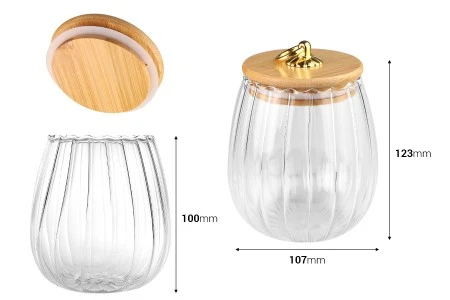 Staklena tegla 700mL, sa drvenim poklopcem, gumicom i zlatnim metalnim prstenom-2