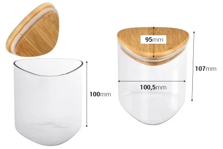 Staklena trougaona tegla 550mL, sa drvenim poklopcem i gumicom-2