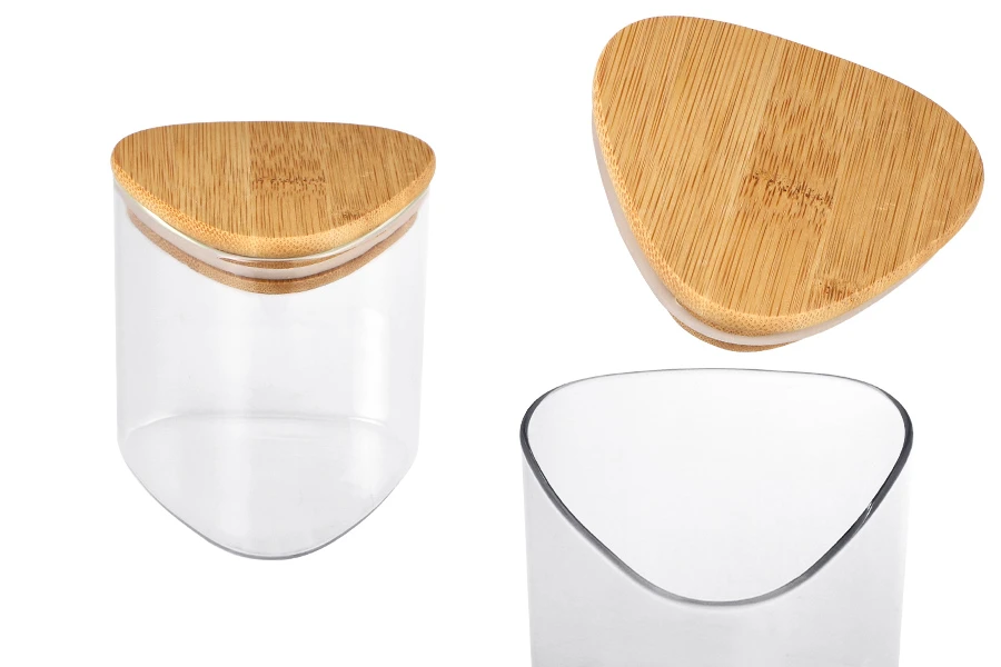 Staklena trougaona tegla 550mL, sa drvenim poklopcem i gumicom-slika_proizvoda