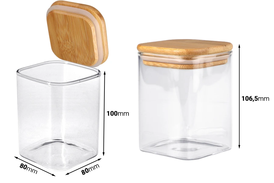 Staklena četvrtasta tegla 450mL, sa drvenim poklopcem i gumicom-dimenzije_slike