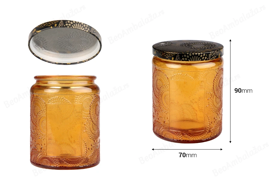 Staklena cilindrična teglica sa reljefom 230mL i aluminijumskim zatvaračem-dimenzije_slike