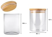 Staklena okrugla tegla 450mL, sa drvenim poklopcem i gumicom-dimenzije_slike