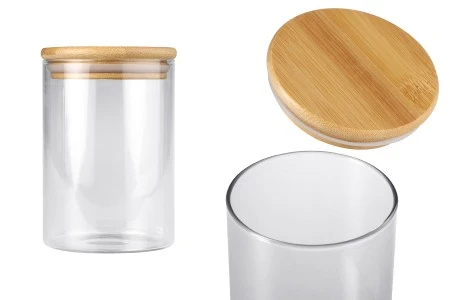 Staklena okrugla tegla 550mL, sa drvenim poklopcem i gumicom-1