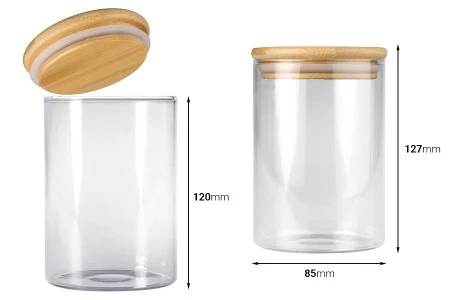 Staklena okrugla tegla 550mL, sa drvenim poklopcem i gumicom-2