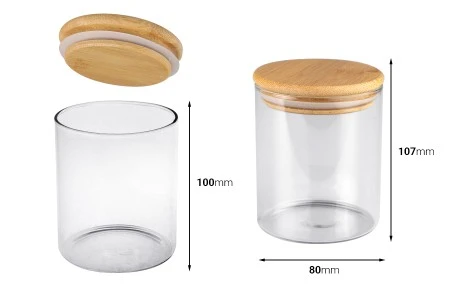 Staklena okrugla tegla 400mL, sa drvenim poklopcem i gumicom-2