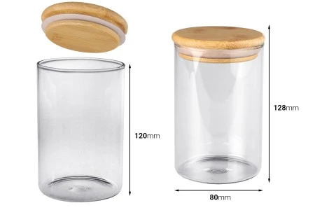 Staklena okrugla tegla 500mL, sa drvenim poklopcem i gumicom-2